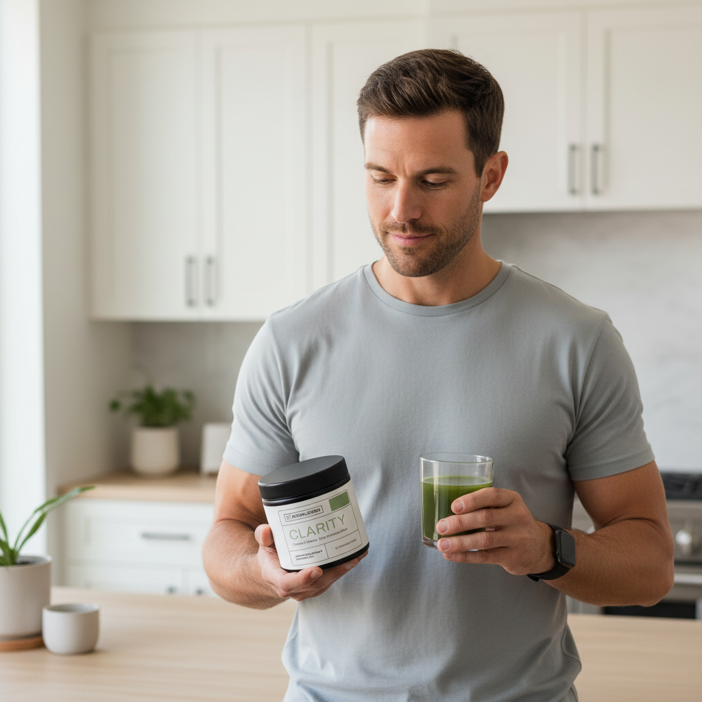 Person bereitet Clarity Getränk im Alltag vor für ruhigen Fokus und mentale Klarheit